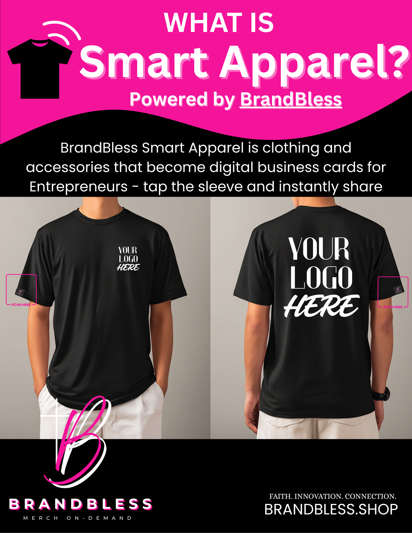 Black t-shirt with 'Your Logo Here' text, person wearing it, and BrandBless logo on a pink and black background.